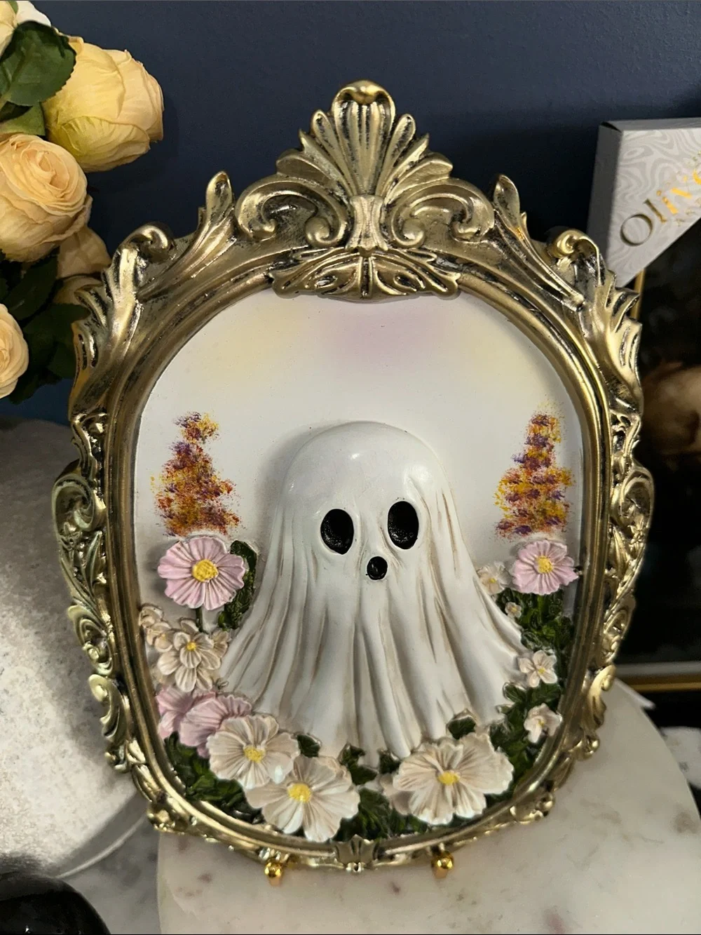 Gold Framed Floral Ghost Wall Decor - White